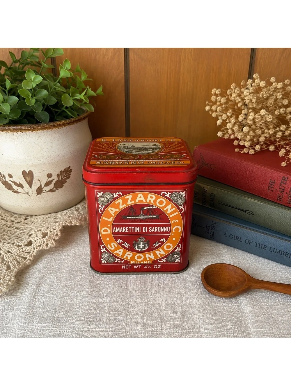 Vintage Lazzaroni Amarettini Di Saronno Biscuit Tin Red Italian Cookie Canister